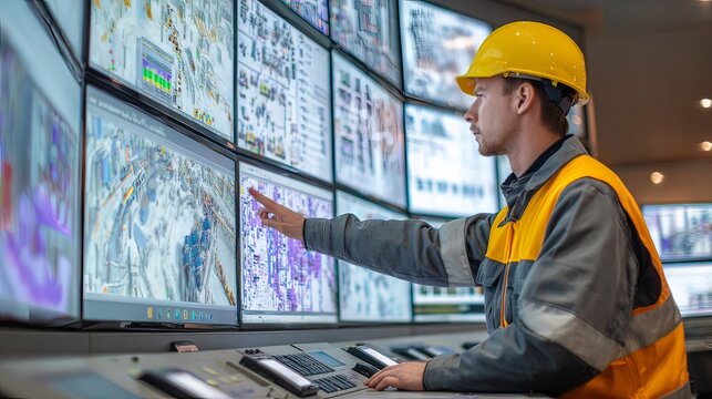 A man in a safety helmet and vest is working in a high-tech control room. He is interacting with large screens displaying maps and complex data.