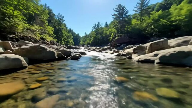 Clear and pure water flows gently between the rocks, sunlight reflects gently on the surface, the river bed is visible with colorful pebbles, a peaceful natural atmosphere.