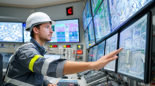 A man in a safety helmet and vest is working in a high-tech control room. He is interacting with large screens displaying maps and complex data.