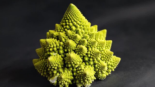 A striking Romanesco broccoli with vibrant yellow-green hues and complex fractal structure. Ideal for culinary visuals, healthy eating campaigns, or abstract art themes.