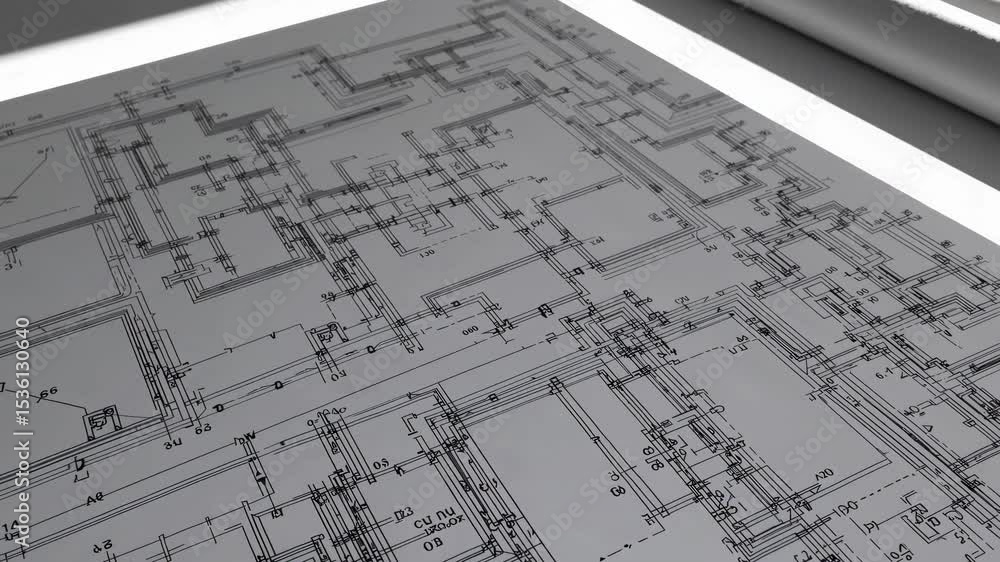 Poster aerial view of a technical blueprint with intricate circuit designs, resembling a futuristic video g
