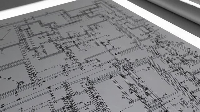 Aerial view of a technical blueprint with intricate circuit designs, resembling a futuristic video game interface in grayscale tones.