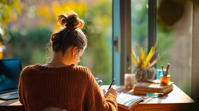 Solitary Study Session: A young woman, focused and poised, leans over her desk near a window.