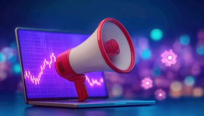 Laptop screen displaying a stock chart with a megaphone