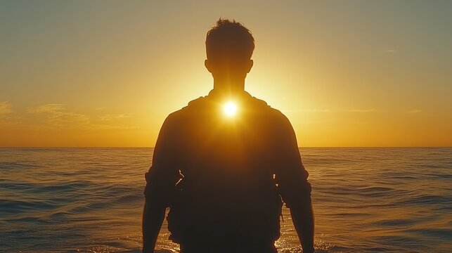 Silhouette of a person facing sunrise over the ocean