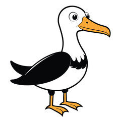 An amusing cartoon seagull looks forward; its bright orange beak is distinctive