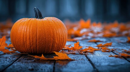 Orange pumpkin on weathered wood, autumn leaves