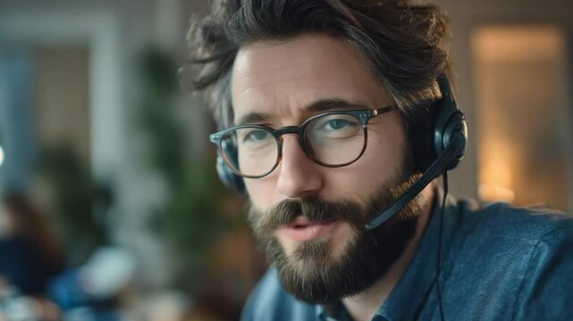 Focused Support: A man in glasses and headset, looks engaged in a conversation, showcasing support and helpfulness in a modern workspace.