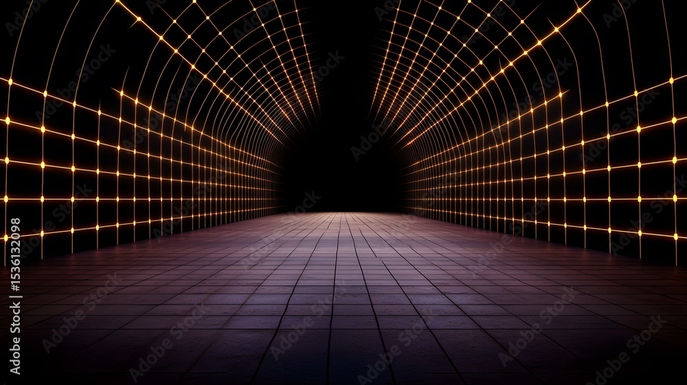 Aufkleber a dark, tiled floor leads into a tunnel-like structure whose walls are lined with glowing orange gri