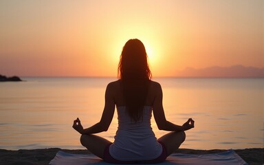 woman practicing yoga in lotus pose for meditation and mindfulness at dawn on calm ocean water. High quality