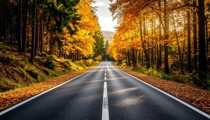 Fototapeta premium Autumn road through golden trees