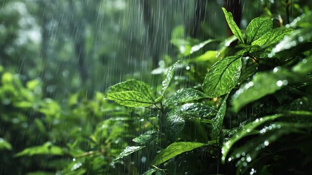 Refreshment in the Rain: A captivating image of lush, vibrant green leaves glistening under the refreshing droplets of a rain shower, evoking feelings of tranquility and natural renewal.