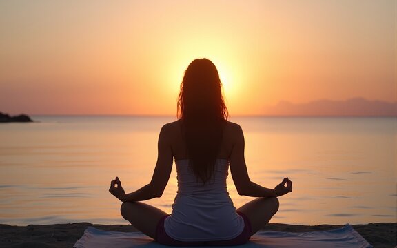 woman practicing yoga in lotus pose for meditation and mindfulness at dawn on calm ocean water. High quality
