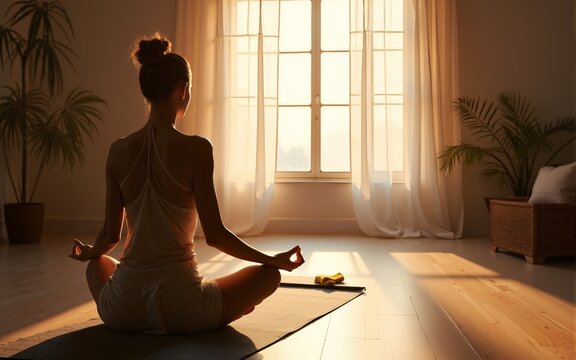 Serene room with yoga mat and person practicing guided meditation with soft light. High quality