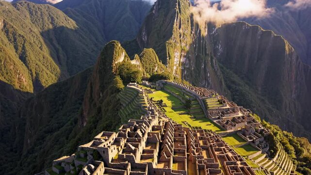 Aerial view of ancient ruins nestled in lush mountains, capturing the grandeur and mystery of the site, ideal for a travel video.