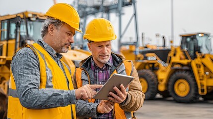 field engineers analyzing tablet data next to construction vehicles 