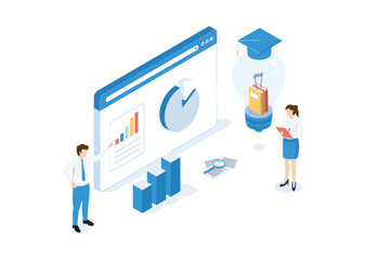 Illustration of business professionals analyzing charts and graphs next to a lightbulb with books and a graduation cap, symbolizing digital learning and insights.