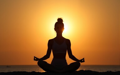 Silhouette of person sits in a lotus pose, chakra. Kundalini energy. practicing yoga meditation outdoors. High quality