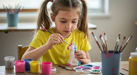 Young girl painting a ceramic unicorn figurine with colorful paints at a wooden table indoors