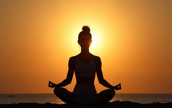 Silhouette of person sits in a lotus pose, chakra. Kundalini energy. practicing yoga meditation outdoors. High quality