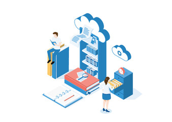 Isometric illustration showing cloud computing, digital archiving, and knowledge management with people accessing books and files online.