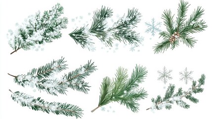 Collection of snow-covered pine branches and snowflakes isolated on white background.