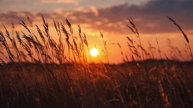 Sunset Serenity: Silhouette of tall grasses dancing in the wind against the backdrop of a vibrant, fiery sunset. Capturing the essence of tranquility and the beauty of the natural world.