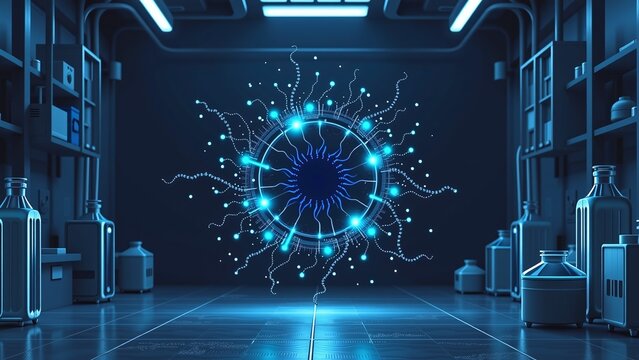 CRISPR tool glowing with blue particles, Mental health metaphor in dim lab scene, Abstract biotech visual with swirling alerts, Dark tones evoke contemplation and unease, Multipurpose illustration wit - Powered by Adobe