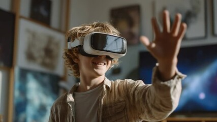 Immersive VR Experience: A young boy explores virtual reality with a smile, wearing a VR headset in a cozy room. He raises his hand as if interacting with the digital world. - Powered by Adobe