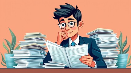 Businessman overwhelmed by paperwork and documents, stressed office worker with glasses sitting at desk, surrounded by stacks of files and plants, perfect for marketing campaign about corporate