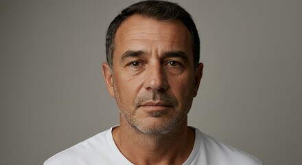 Fototapeta premium Portrait of a man, serious expression, neutral background, middle aged male, headshot, simple, contemplative mood.