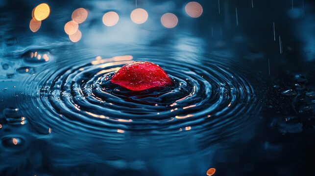 Red stone in a puddle at night, rain