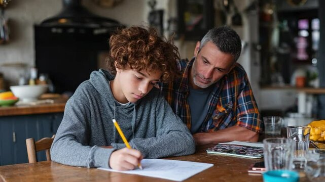 Guiding Hand: A father provides guidance and support as his teenage son concentrates on his studies, fostering a moment of bonding and education at home. - Powered by Adobe