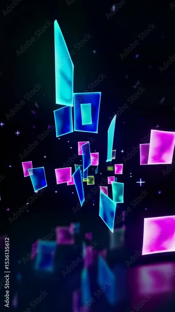 Poster abstract video with floating neon geometric shapes, captured from a low-angle perspective, creating 