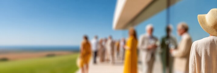 Blurred Focus Corporate Retreat Executives Networking Offsite with Natural Light and Scenic Views for Leadership Engagement and Business Connections