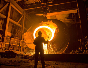 A foundry worker in protective gear manages molten metal pouring from a high-temperature furnace. Sparks fly as the intense heat illuminates the scene, evoking themes of metallurgy, precision, and ind