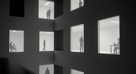 Modern Office Building Interior Design Silhouetted Figures in Windowed Walls