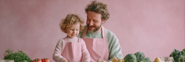 Happy dad and daughter cooking together in pastel aprons with fresh vegetables on kitchen counter family bonding and joyful recipe reading for food blogs