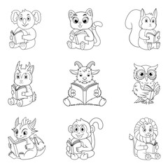 Cute animals reading books line art