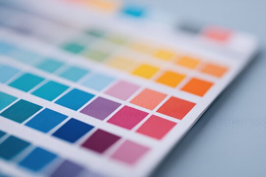close-up shot of clean and minimalistic workspace with colorful print and graphic design tools