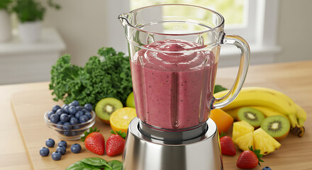 Vibrant Berry Smoothie in Blender with Fresh Fruit & Greens