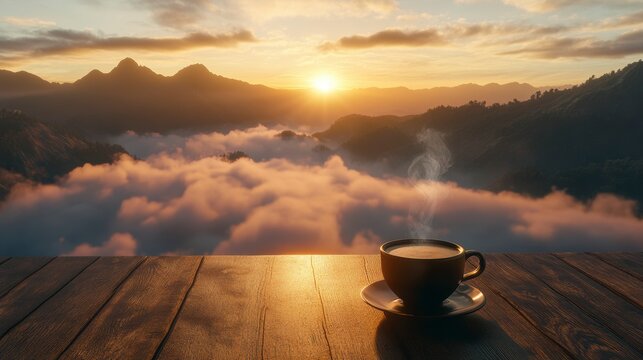 Steaming coffee cup on wooden table overlooking scenic mountain sunrise and clouds. - Powered by Adobe