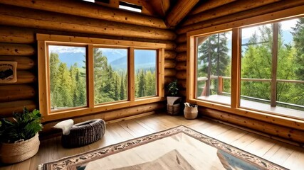 Cozy cabin interior features large windows showcasing mountain scenery and forest, complemented by a decorative rug and wooden walls in rustic style. - Powered by Adobe