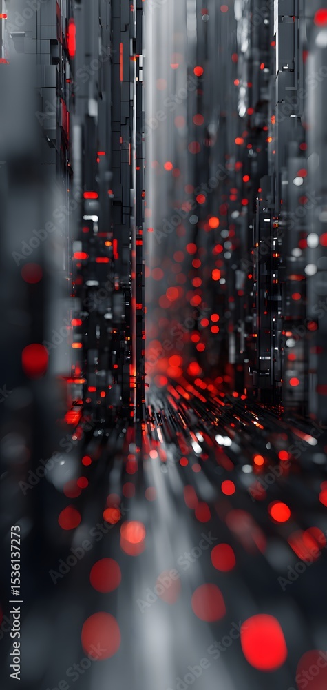 Poster abstract digital network with glowing red nodes and black lines, creating a futuristic technological