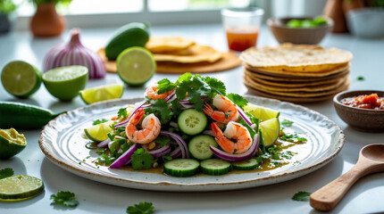 Zucchini shrimp salad photo with fresh greens styled for organic lifestyle magazine healthy meal branding or blog photography food wallpaper background
