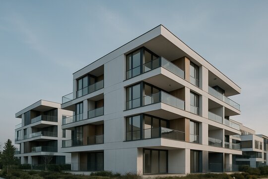 “Modern Apartment Building with Glass Balconies at Sunset – AI Generated”