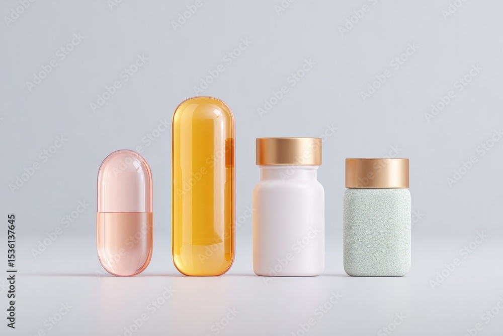 Poster minimalistic display of various modern medicines on plain surface with ample copy space