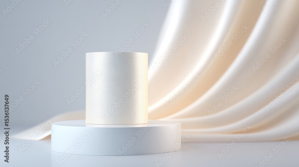 Poster minimalistic empty podium draped with soft flowing fabric creating elegant waves