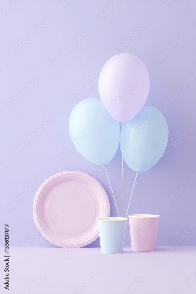 Poster minimalistic party scene with scattered balloons and streamers clean image composition
