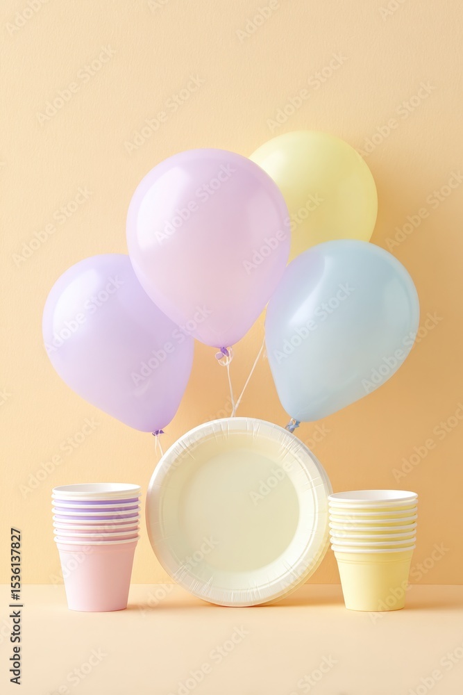 Poster minimalistic party scene with scattered balloons and streamers clean image composition
